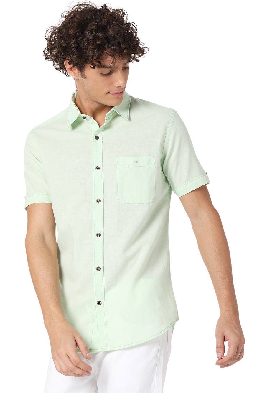 Light Green Cotton Linen Slim Fit Casual Shirt