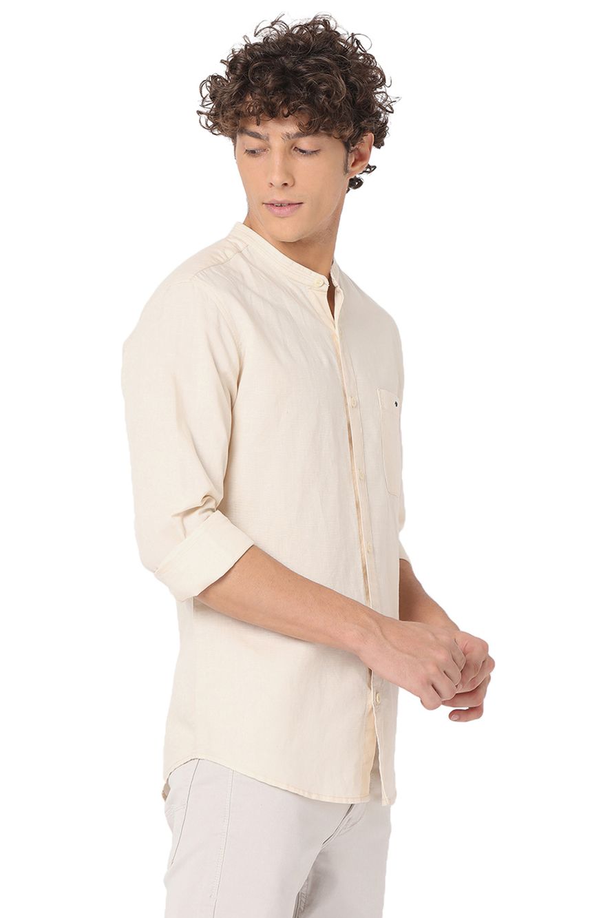 Off White Cotton Linen Slim Fit Casual Shirt