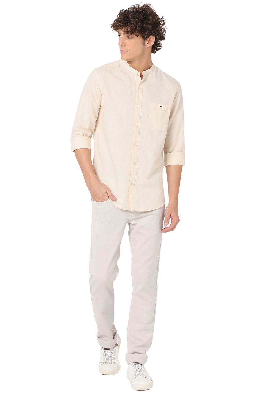 Off White Cotton Linen Slim Fit Casual Shirt