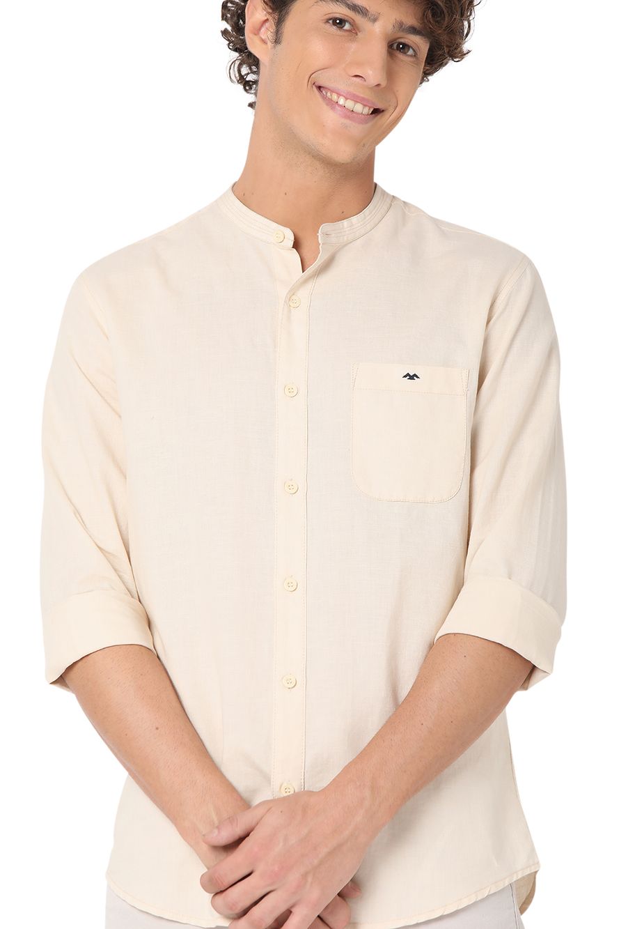 Off White Cotton Linen Slim Fit Casual Shirt