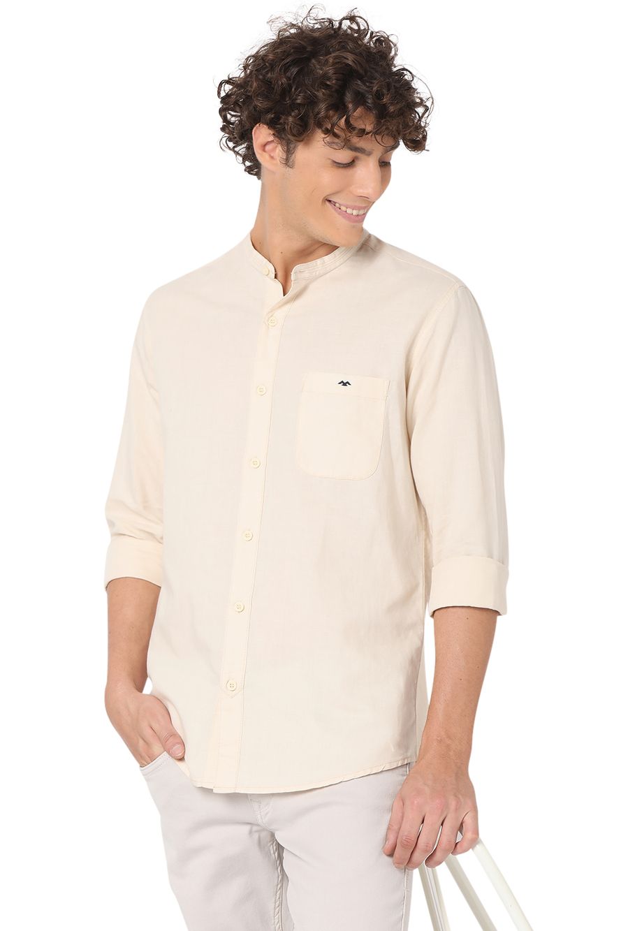 Off White Cotton Linen Slim Fit Casual Shirt