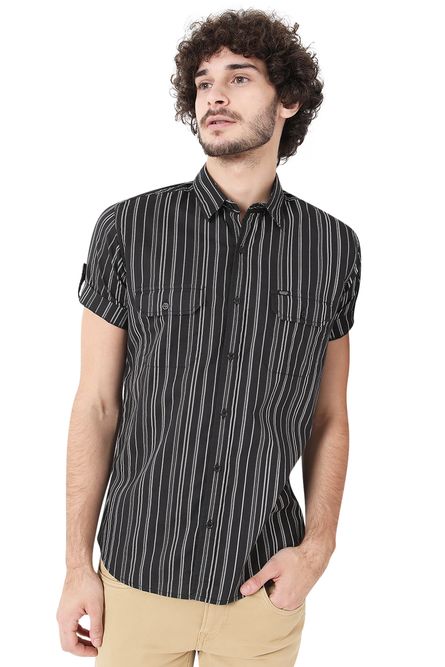 Black & White Stitch Stripe Slim Fit Casual Shirt