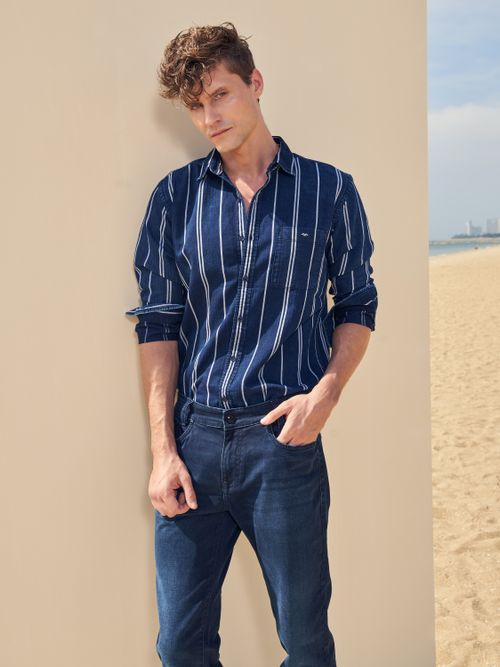 Indigo Blue Denim Stripe Slim Fit Casual Shirt