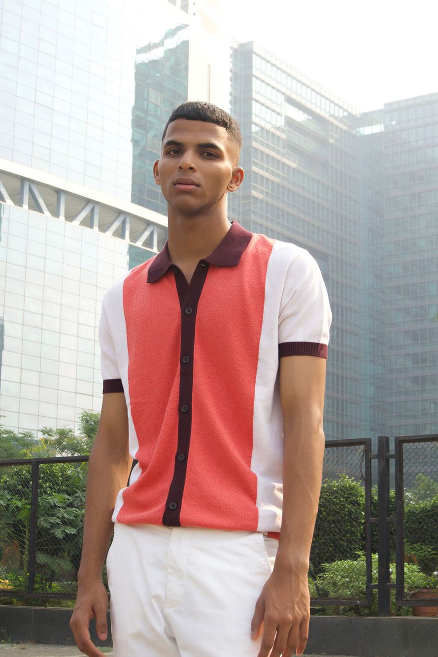 Rust & Off White Solid Flatknit Polo