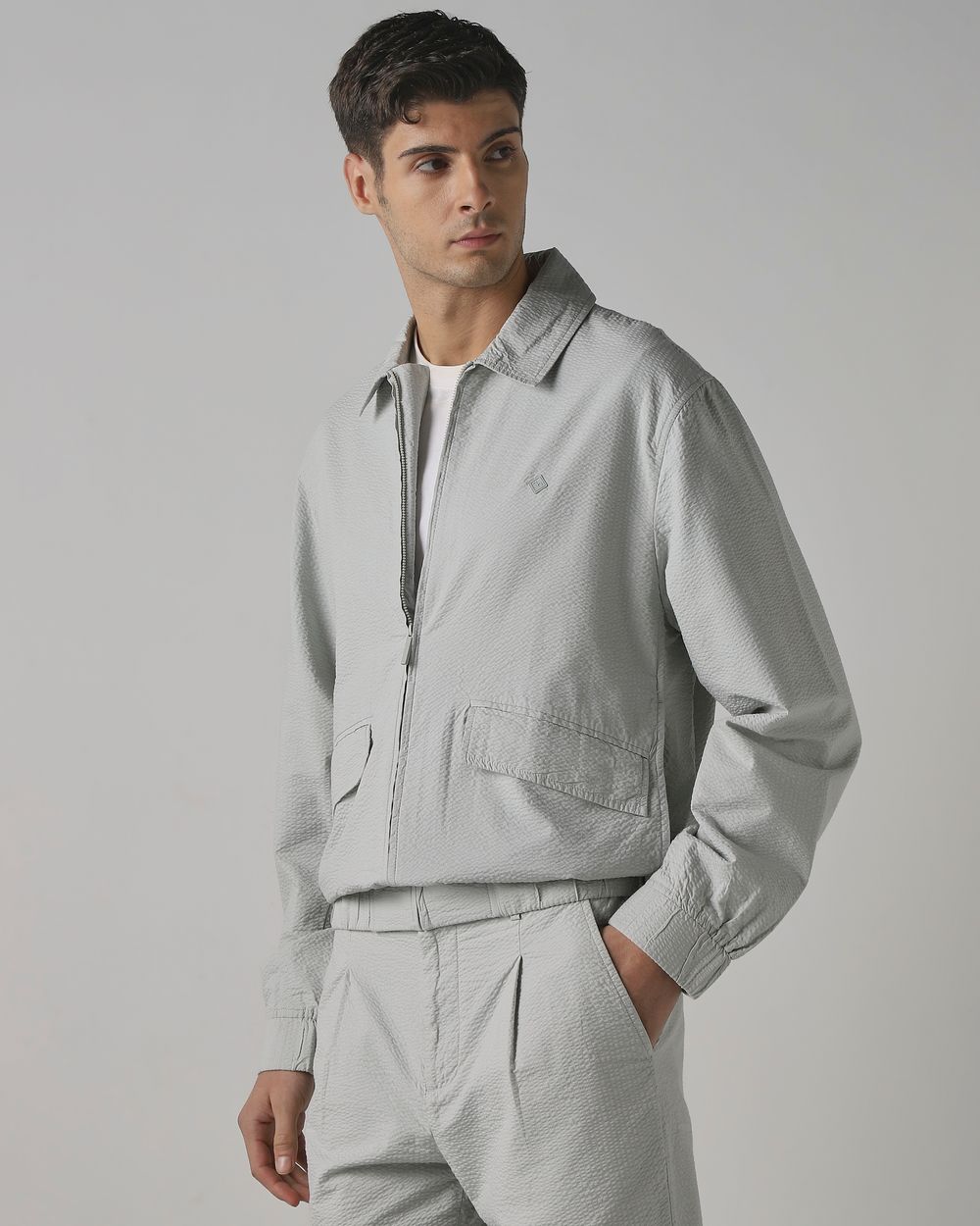 Beige Seersucker Slim Fit Jacket