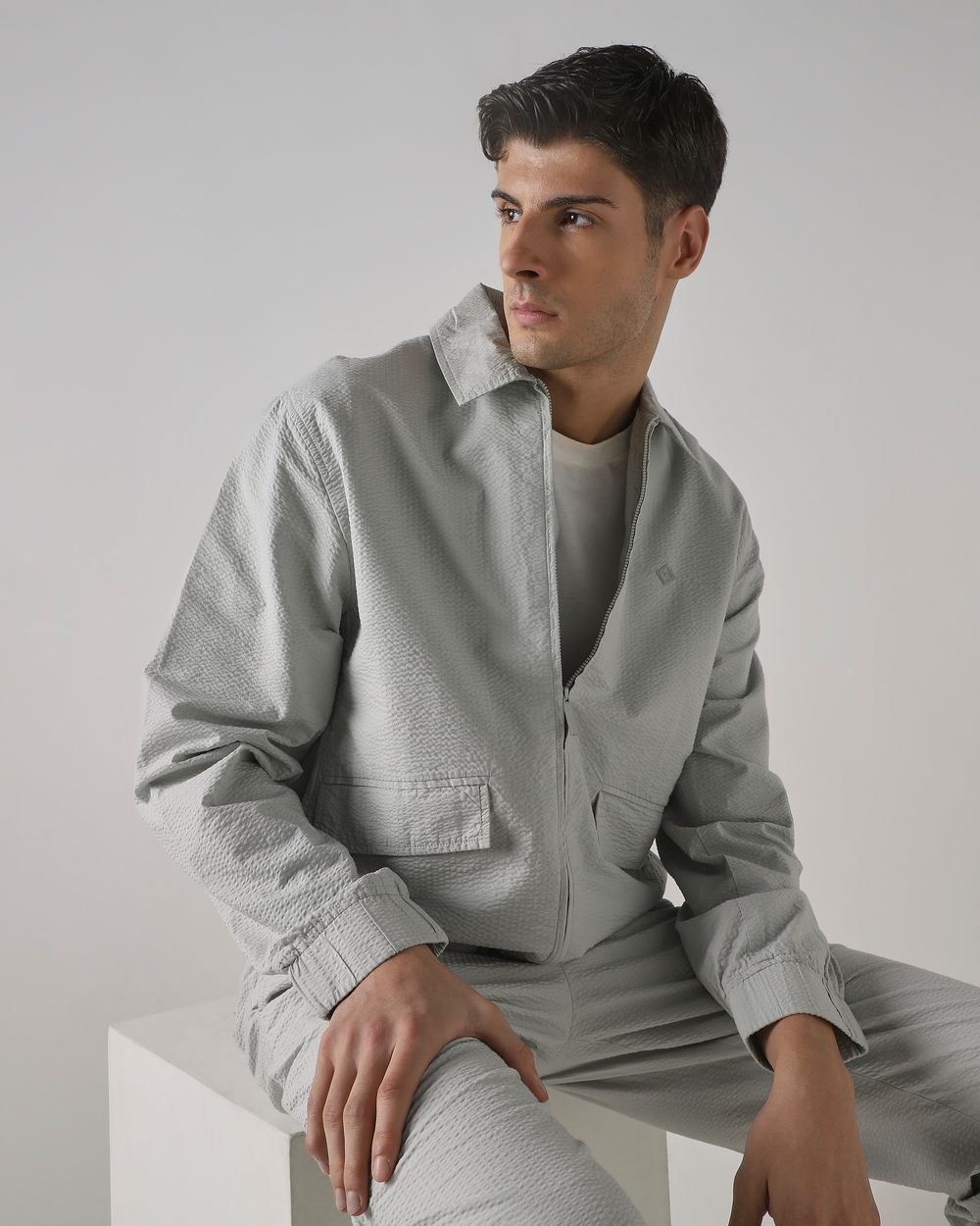 Beige Seersucker Slim Fit Jacket