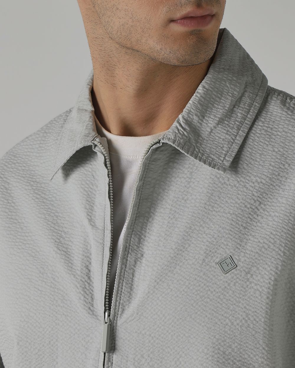 Beige Seersucker Slim Fit Jacket