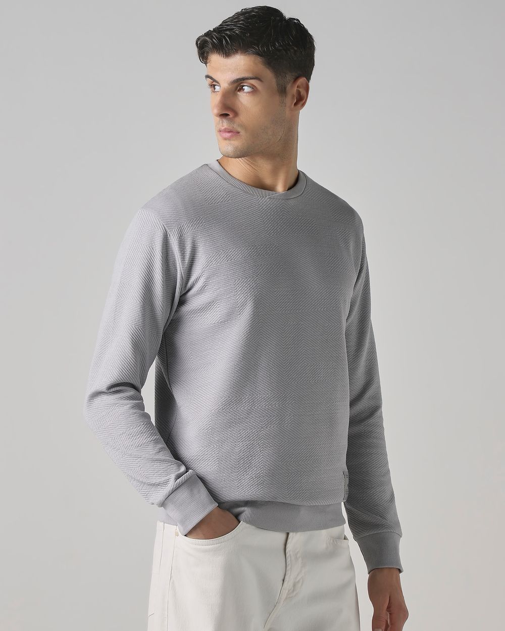 Light Grey Textured Plain Slim Fit T-Shirt