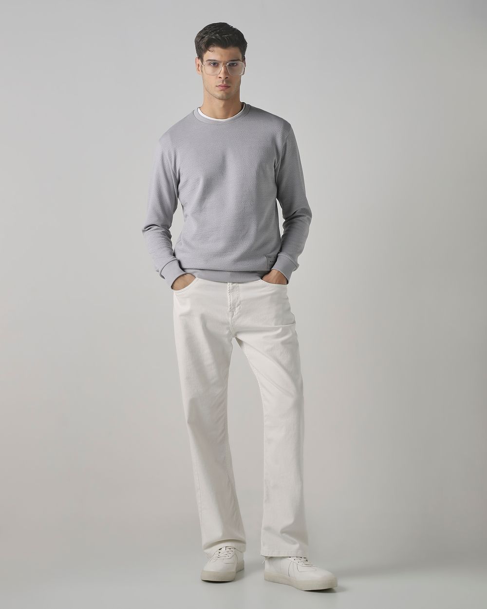 Light Grey Textured Plain Slim Fit T-Shirt