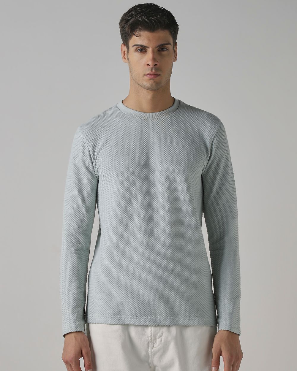 Light Green Textured Plain Long Sleeve T-Shirt