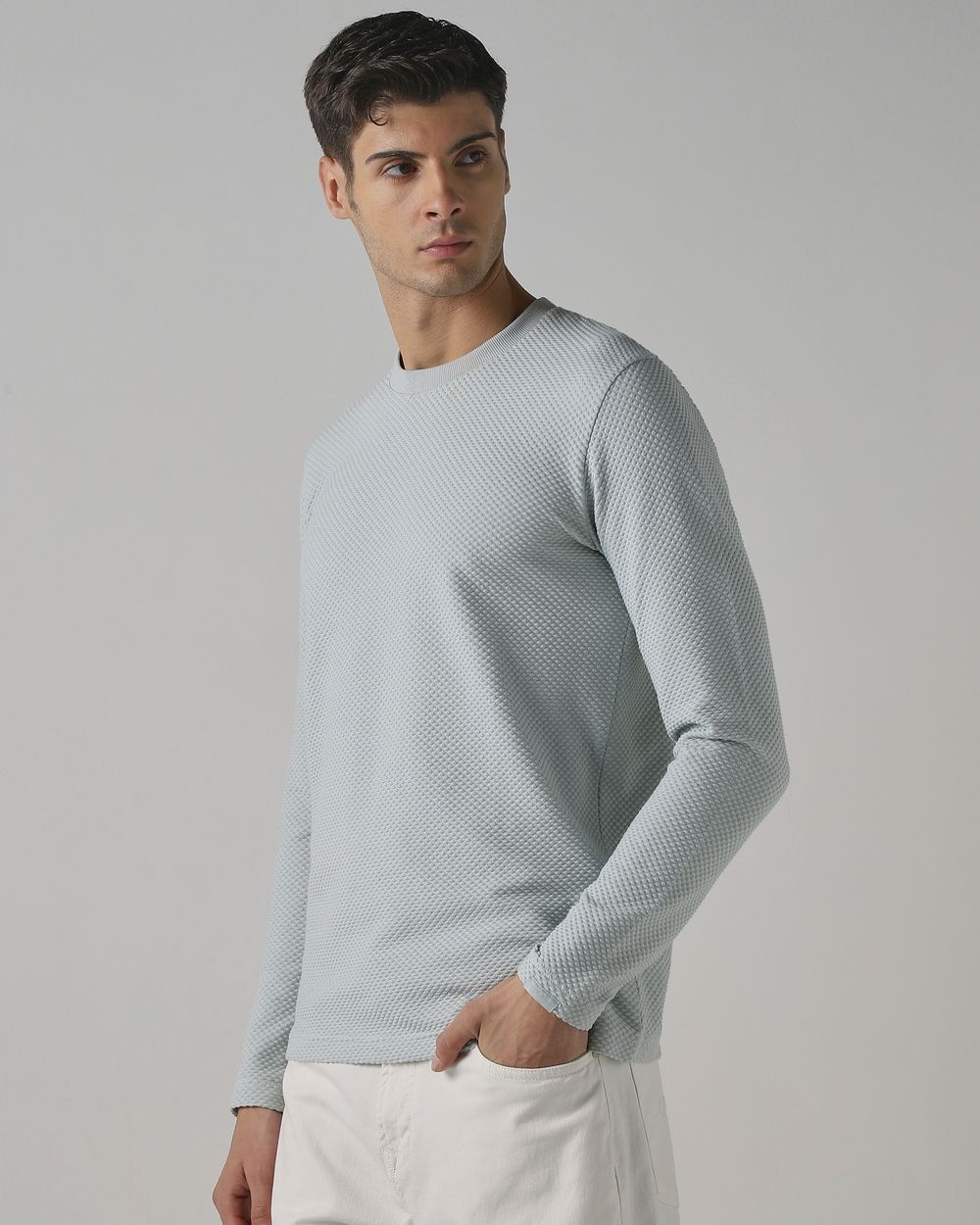 Light Green Textured Plain Long Sleeve T-Shirt