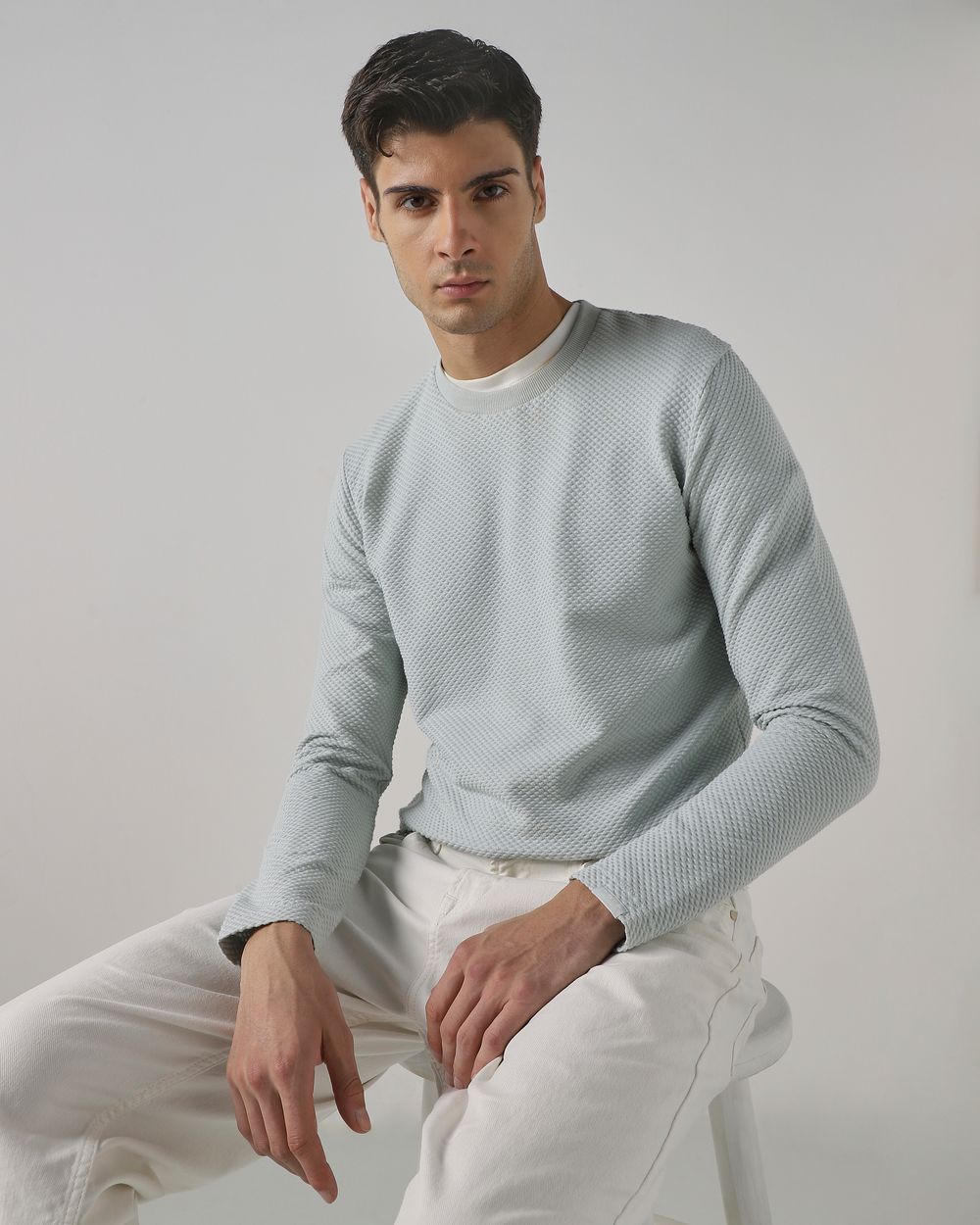 Light Green Textured Plain Long Sleeve T-Shirt