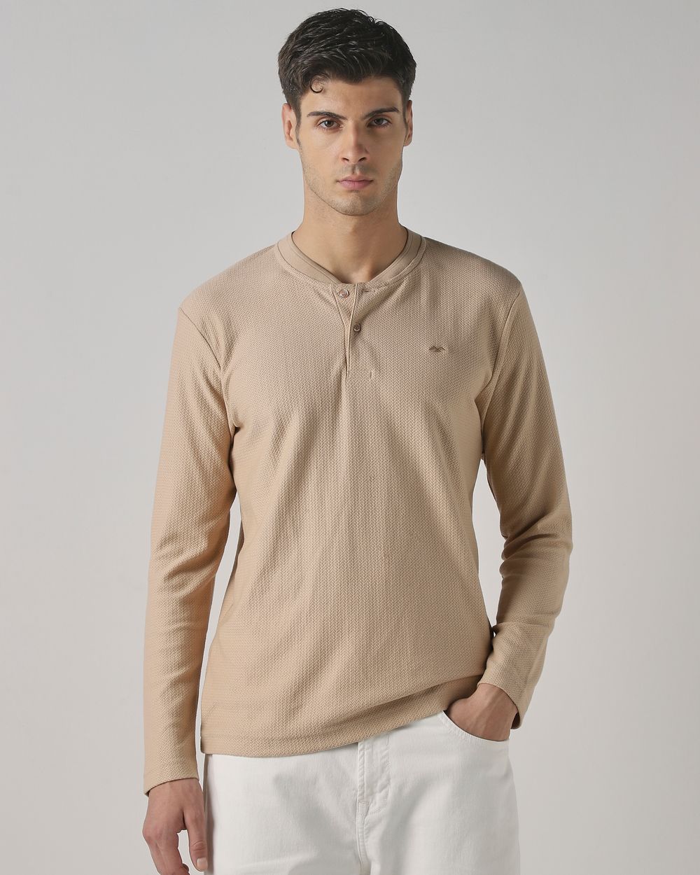 Beige Textured Plain Full Sleeve Casual T-Shirt