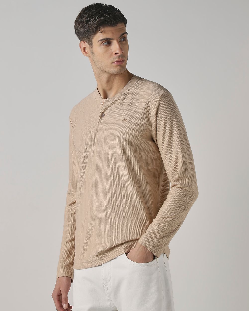 Beige Textured Plain Full Sleeve Casual T-Shirt