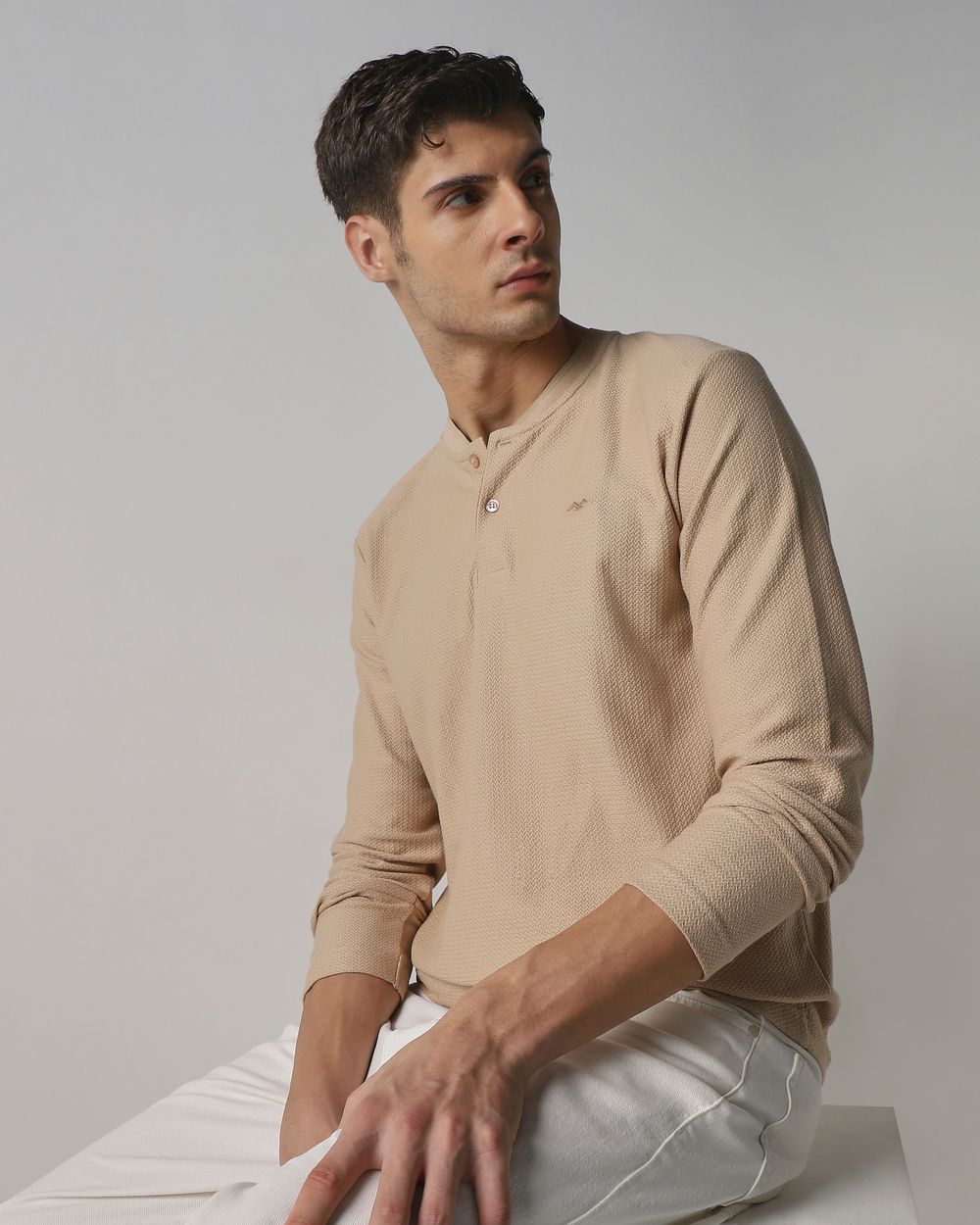 Beige Textured Plain Full Sleeve Casual T-Shirt