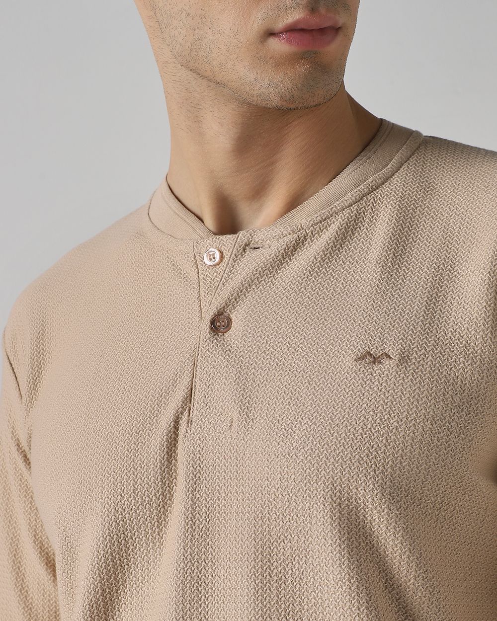 Beige Textured Plain Full Sleeve Casual T-Shirt