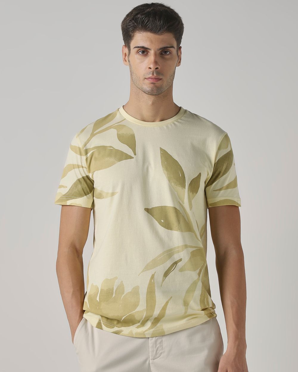 Light Yellow Leaf Print Slim Fit T-Shirt