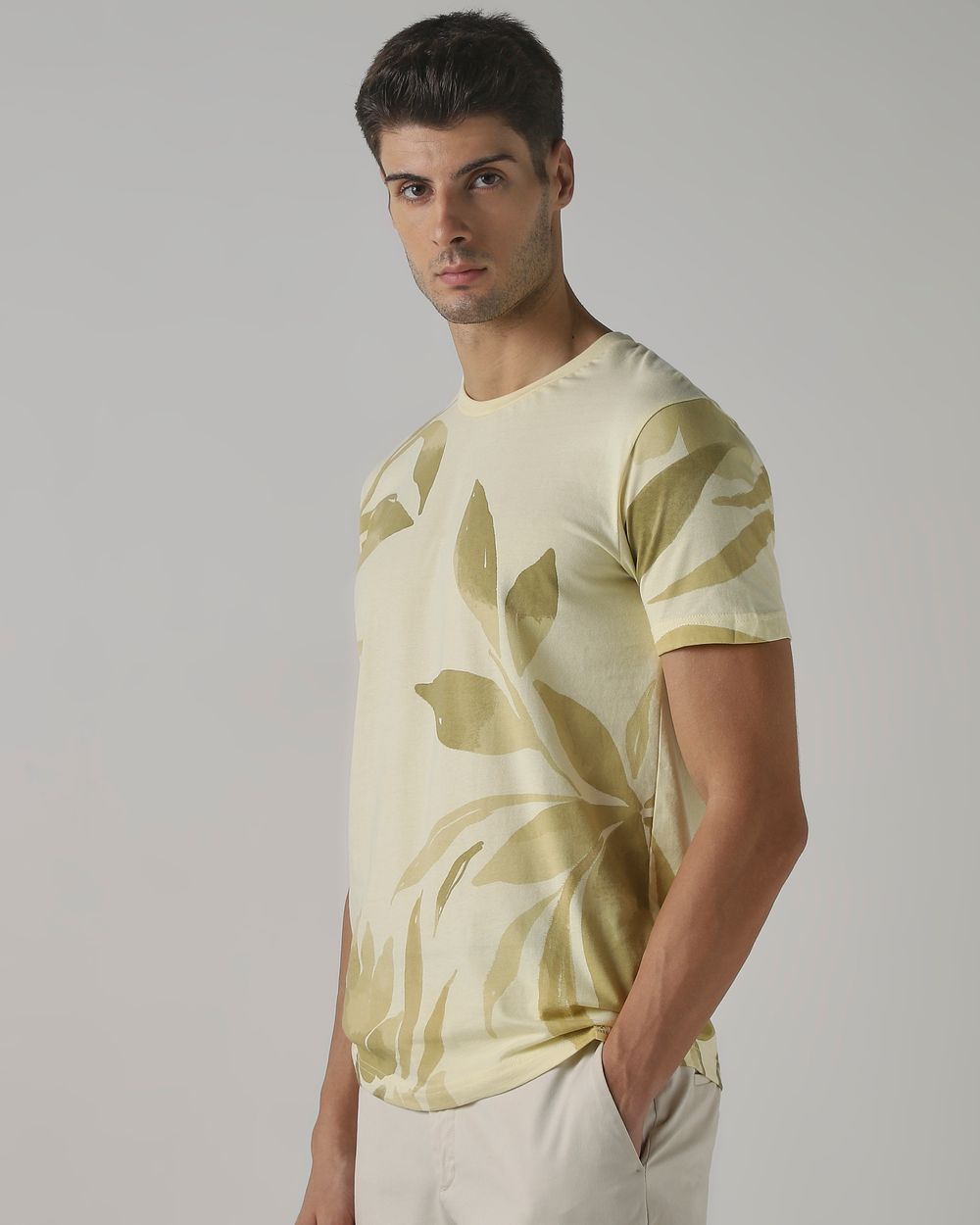Light Yellow Leaf Print Slim Fit T-Shirt