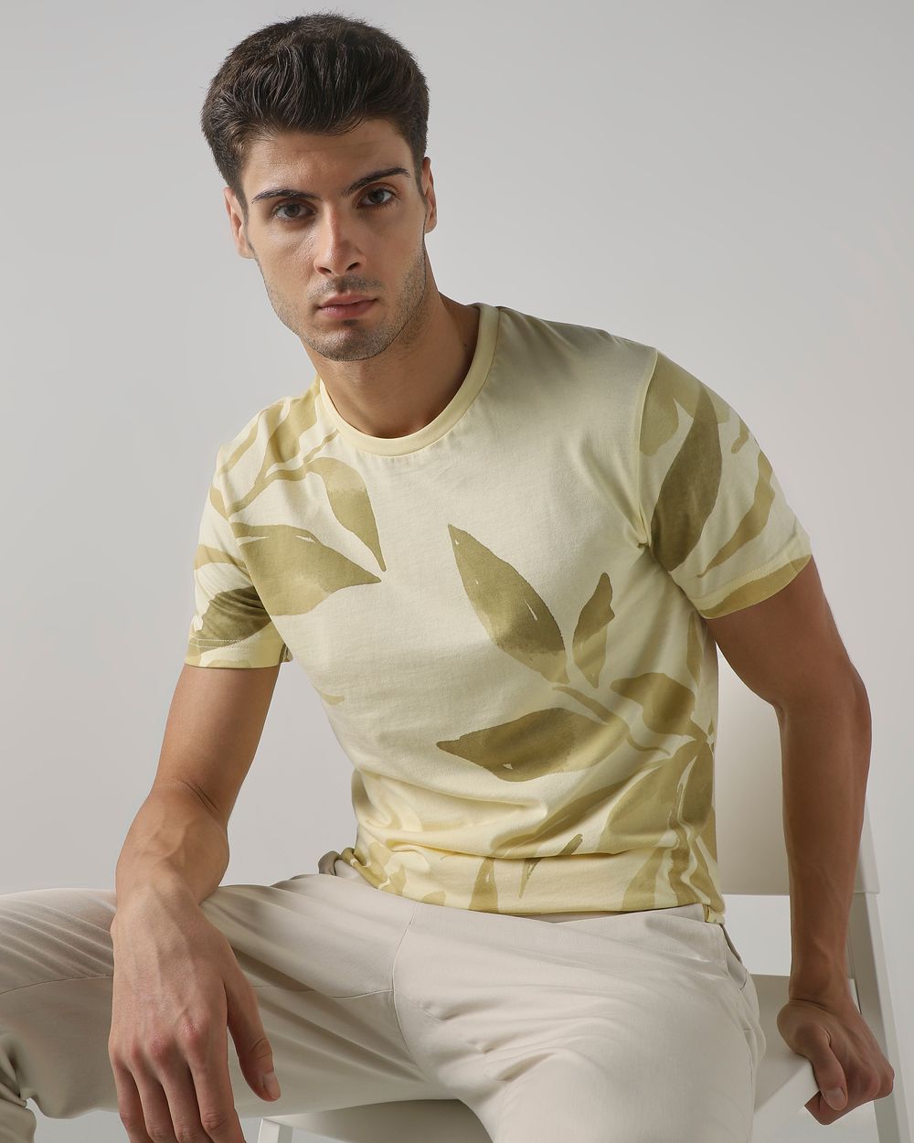 Light Yellow Leaf Print Slim Fit T-Shirt
