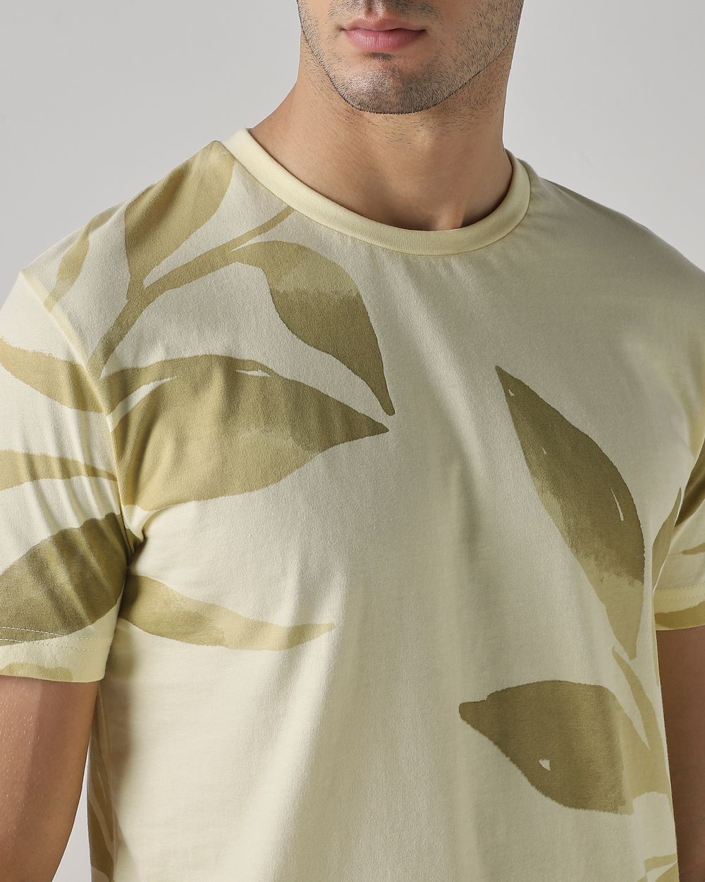 Light Yellow Leaf Print Slim Fit T-Shirt