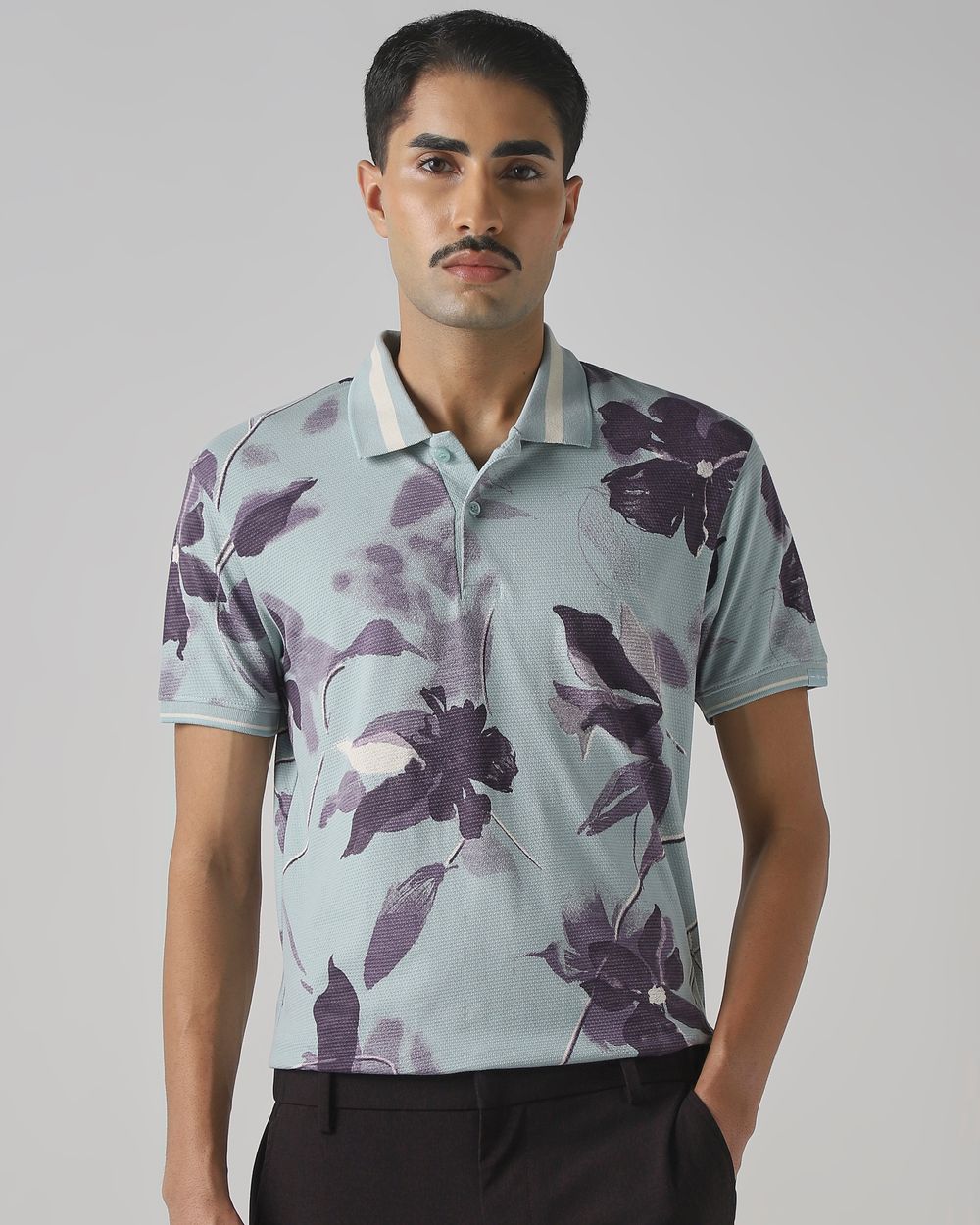 Blue Floral Print Slim Fit T-Shirt