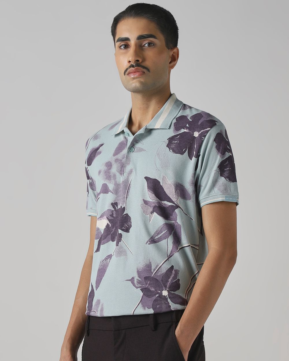 Blue Floral Print Slim Fit T-Shirt