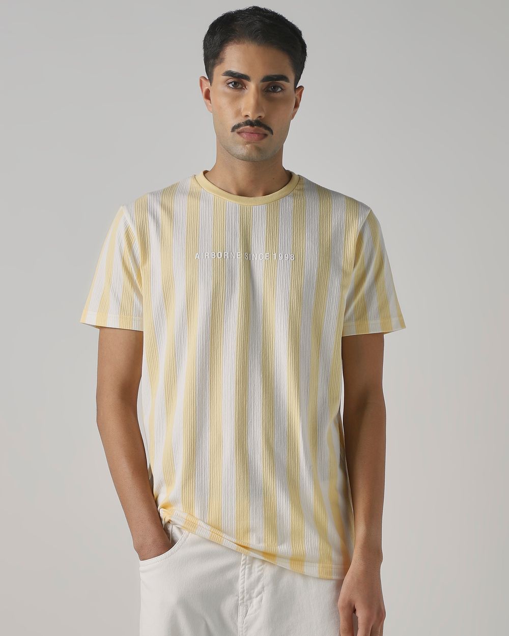 Yellow Textured Stripe Slim Fit T-Shirt