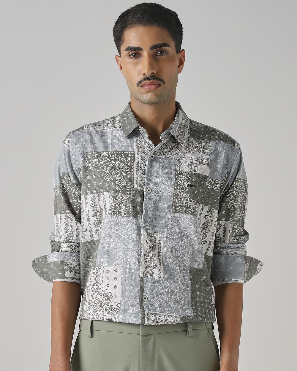 Light Olive Bandana Print Slim Fit Casual Shirt