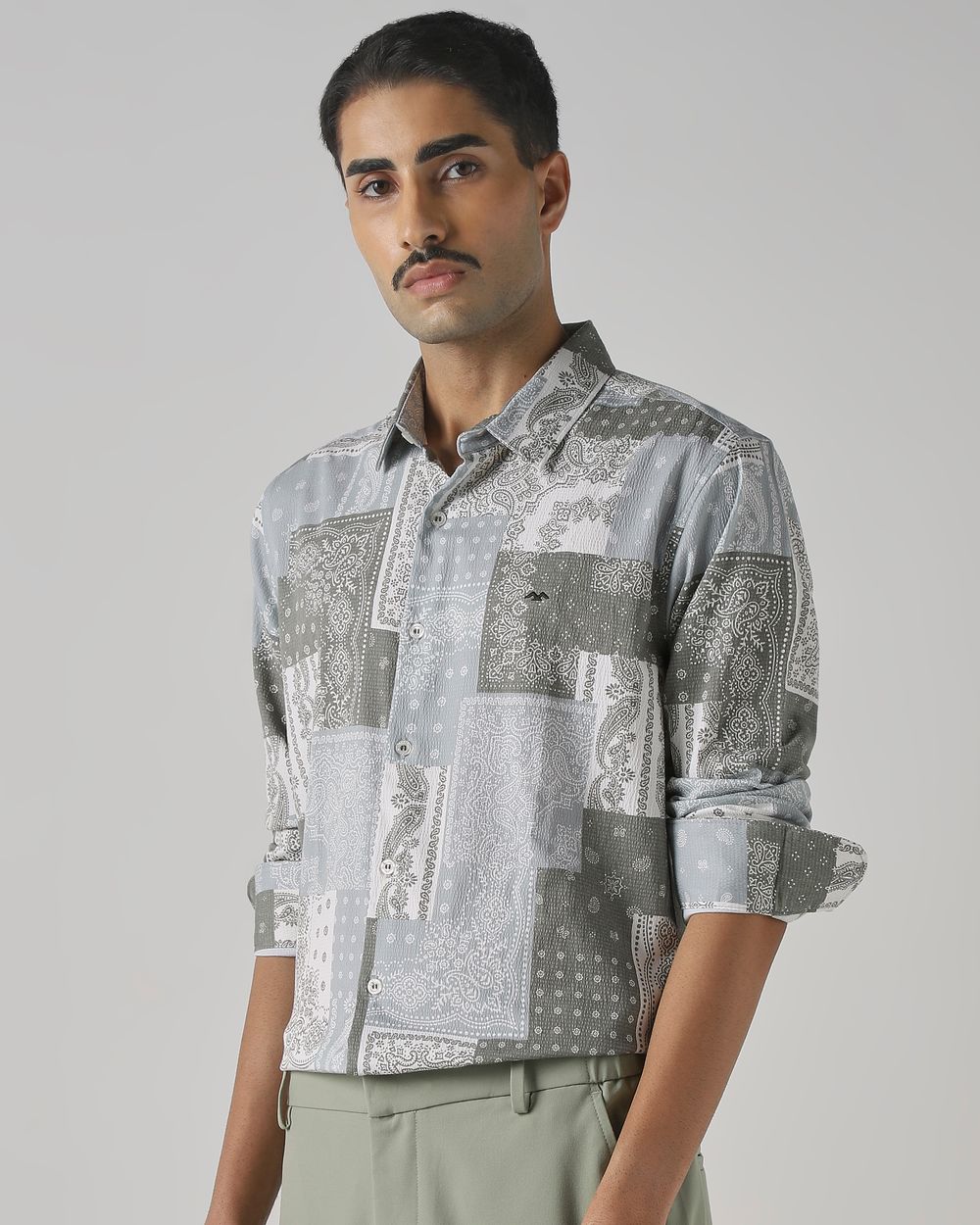 Light Olive Bandana Print Slim Fit Casual Shirt