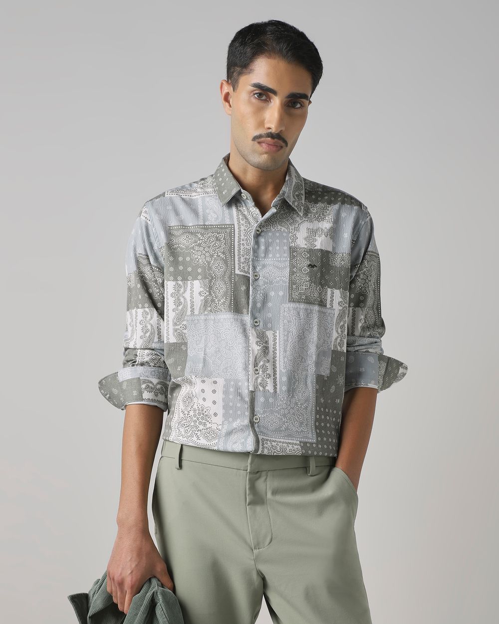 Light Olive Bandana Print Slim Fit Casual Shirt