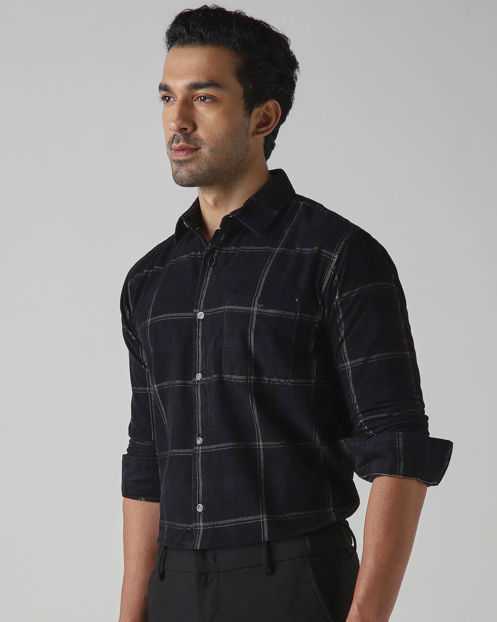 Black Corduroy Check Slim Fit Casual Shirt