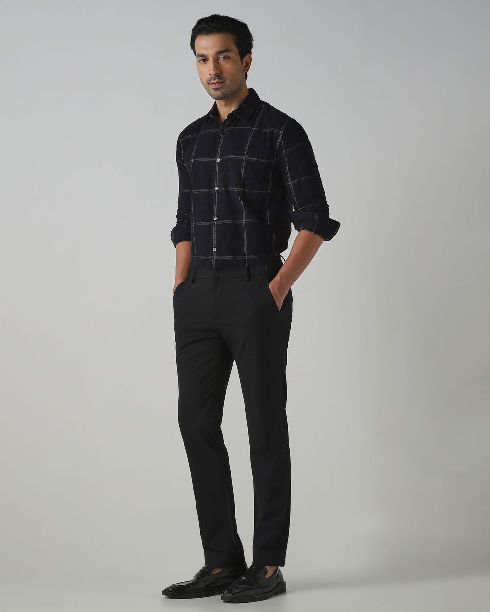 Black Corduroy Check Slim Fit Casual Shirt