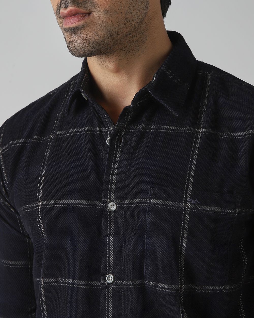 Black Corduroy Check Slim Fit Casual Shirt