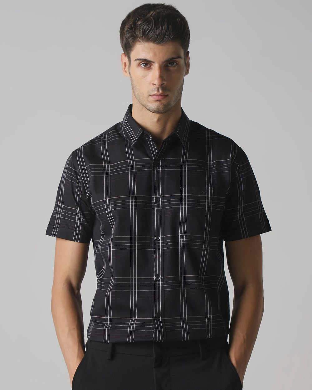 Black Large Check Slim Fit Casual Shirt