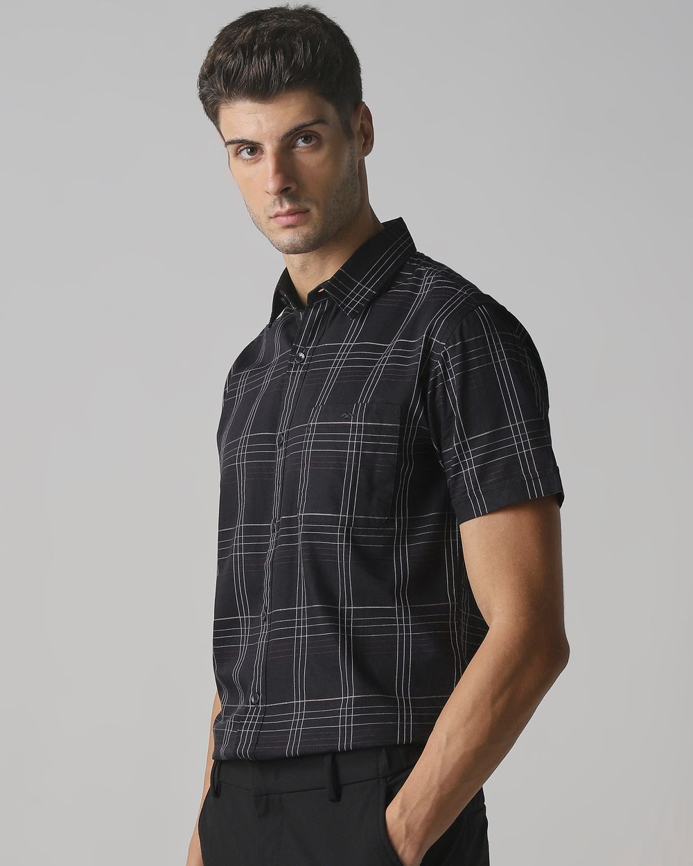 Black Large Check Slim Fit Casual Shirt