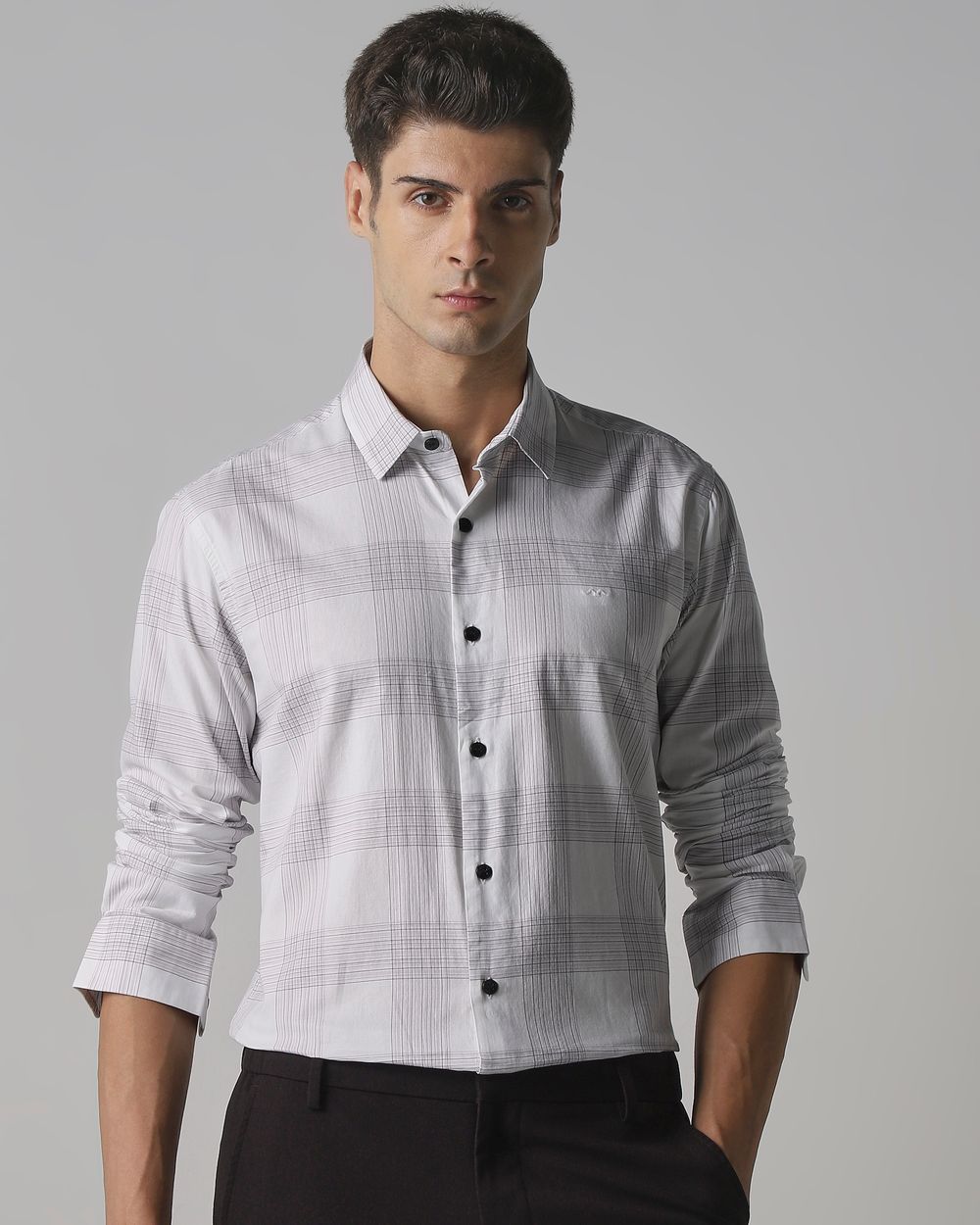 White Large Check Slim Fit Casual Shirt