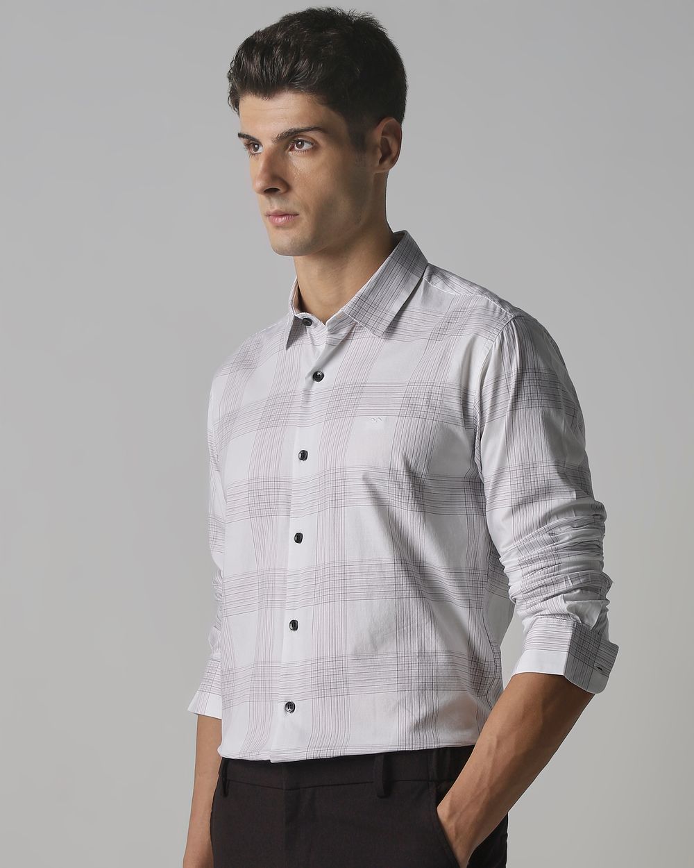 White Large Check Slim Fit Casual Shirt
