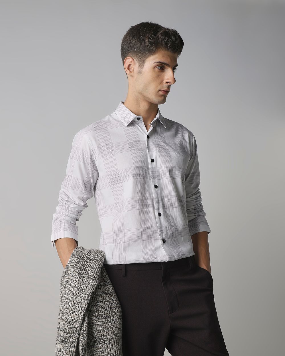 White Large Check Slim Fit Casual Shirt