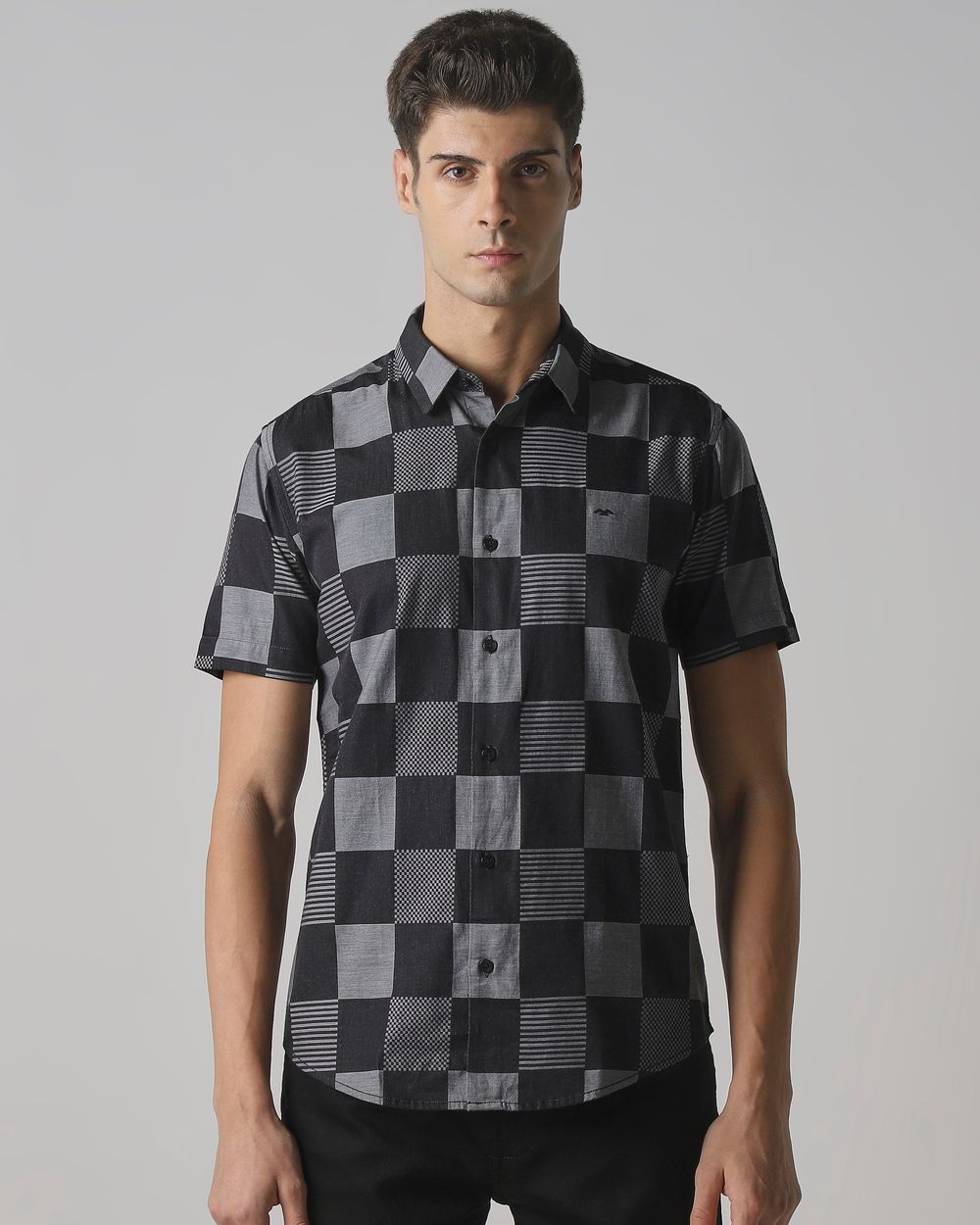 Black Large Check Slim Fit Casual Shirt