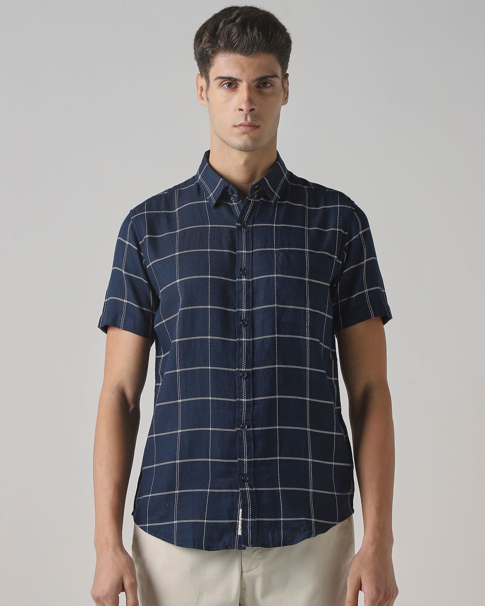 Navy Windowpane Check Slim Fit Casual Shirt