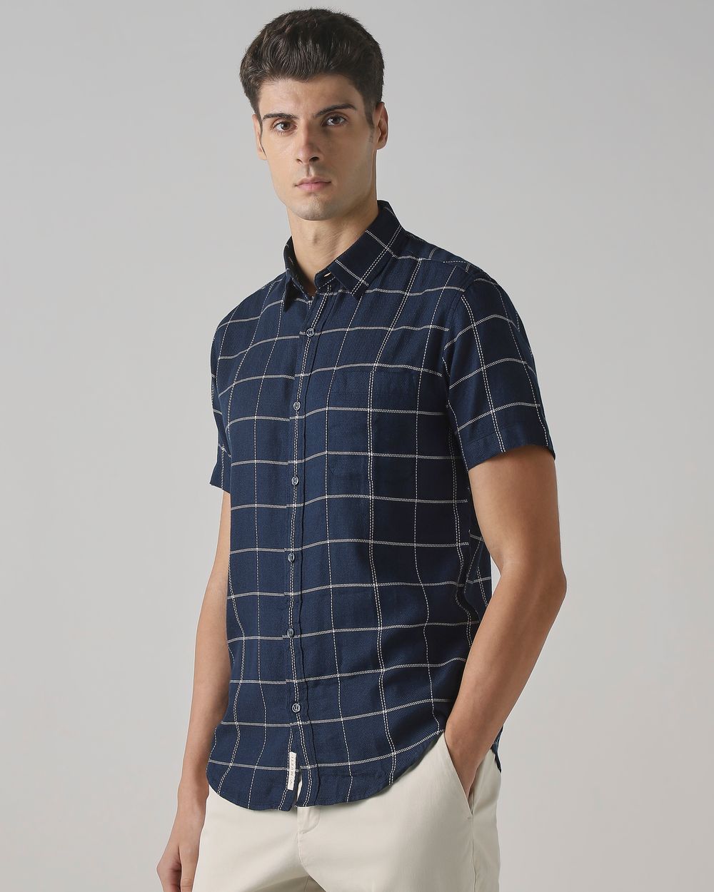 Navy Windowpane Check Slim Fit Casual Shirt