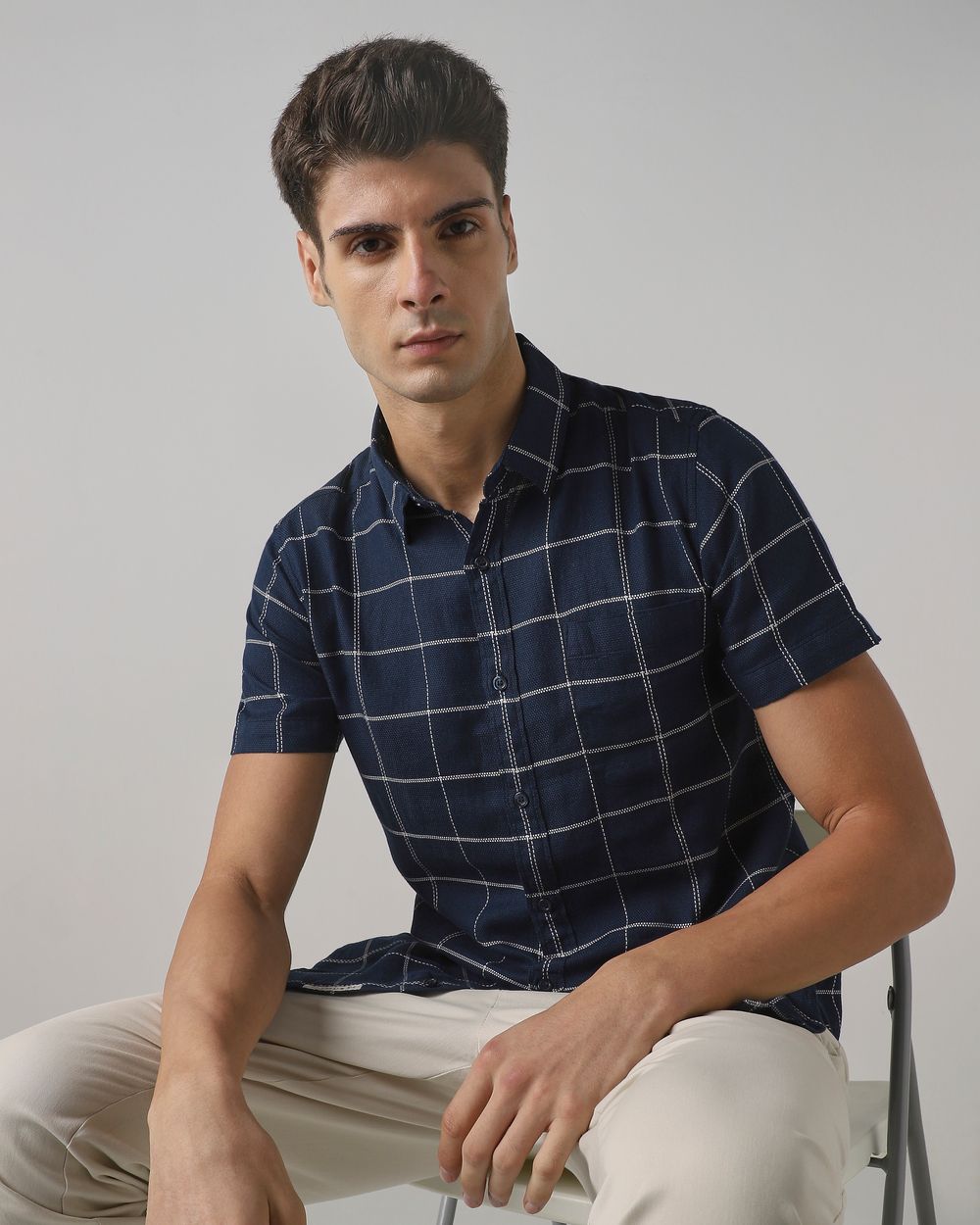 Navy Windowpane Check Slim Fit Casual Shirt