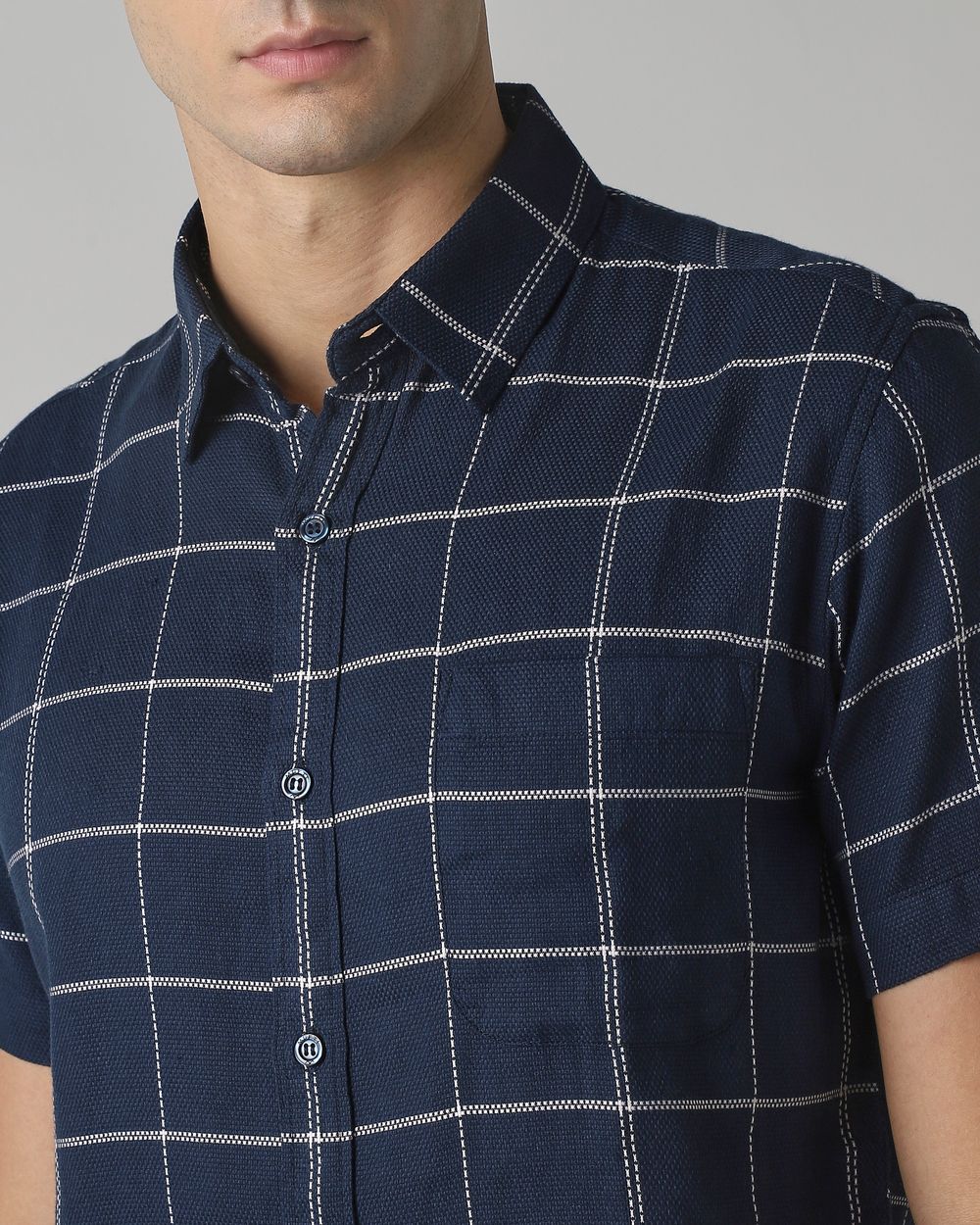 Navy Windowpane Check Slim Fit Casual Shirt
