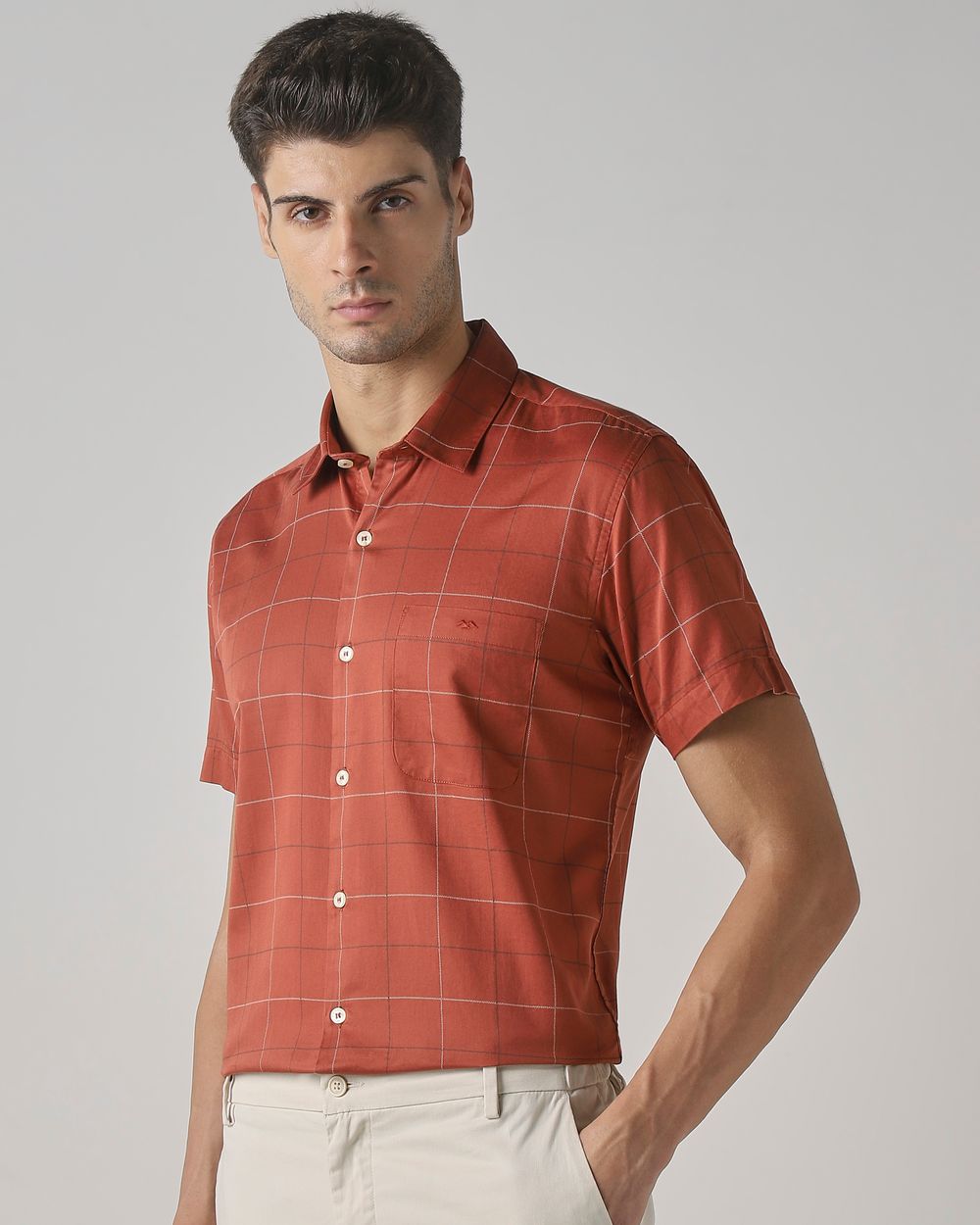 Rust Windowpane Check Slim Fit Casual Shirt