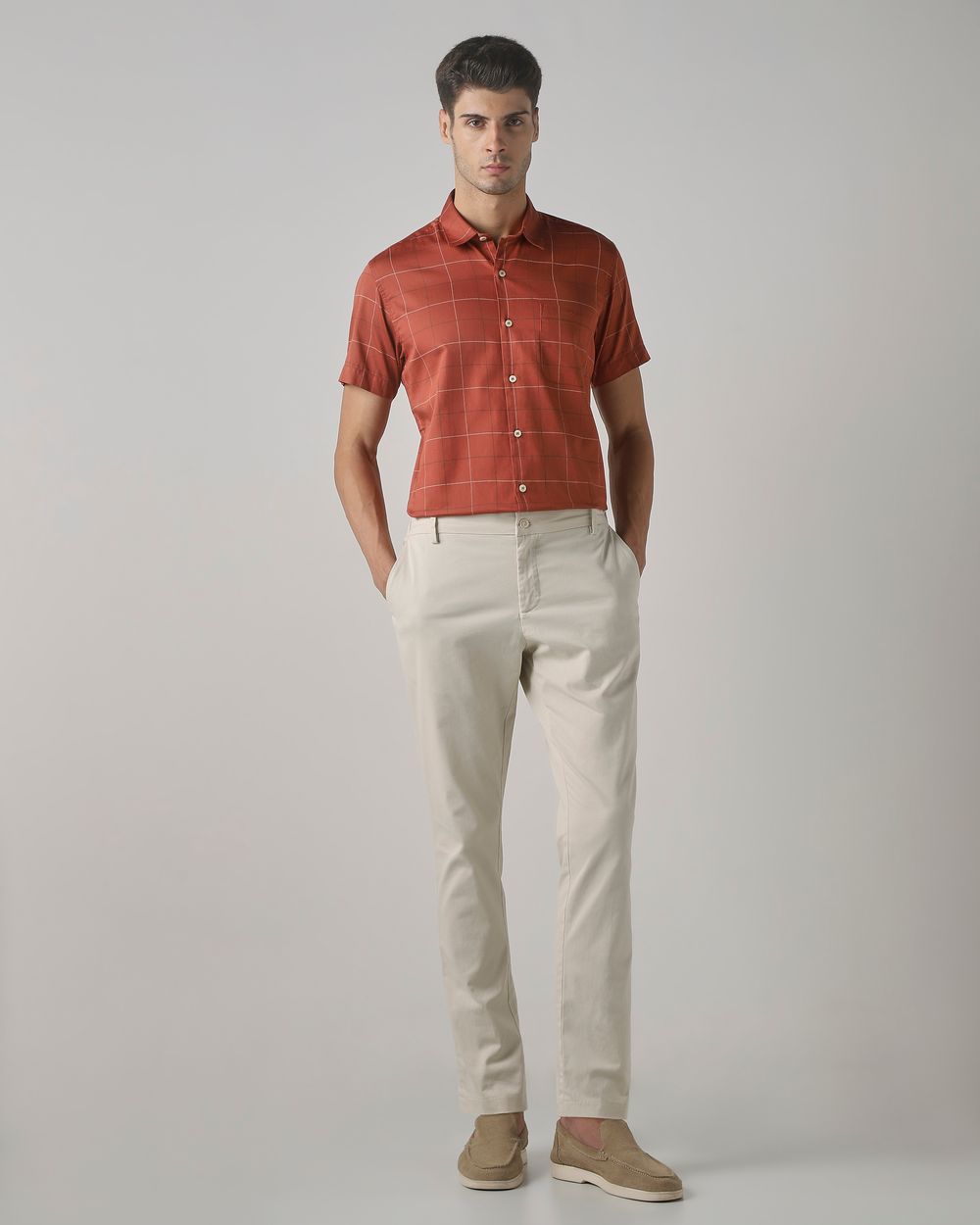 Rust Windowpane Check Slim Fit Casual Shirt