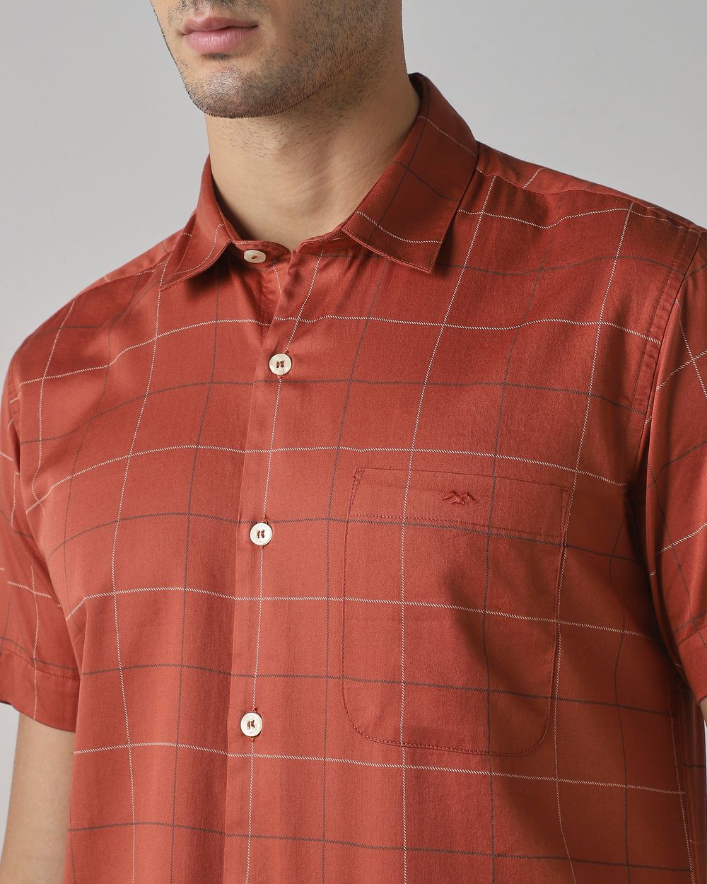 Rust Windowpane Check Slim Fit Casual Shirt