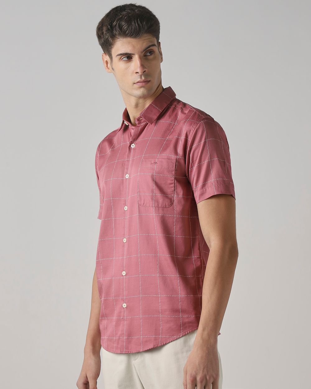 Pink Windowpane Check Slim Fit Casual Shirt