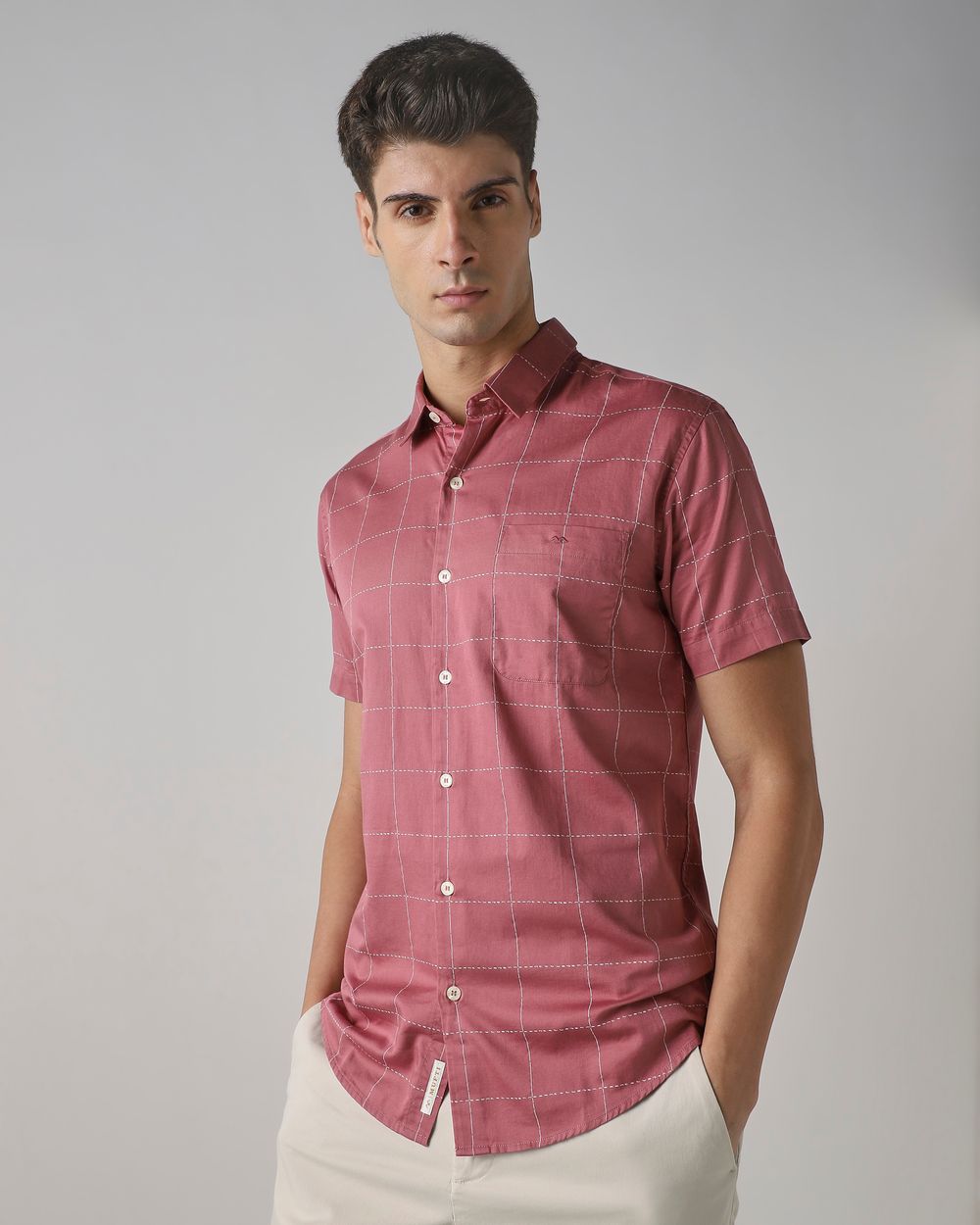 Pink Windowpane Check Slim Fit Casual Shirt