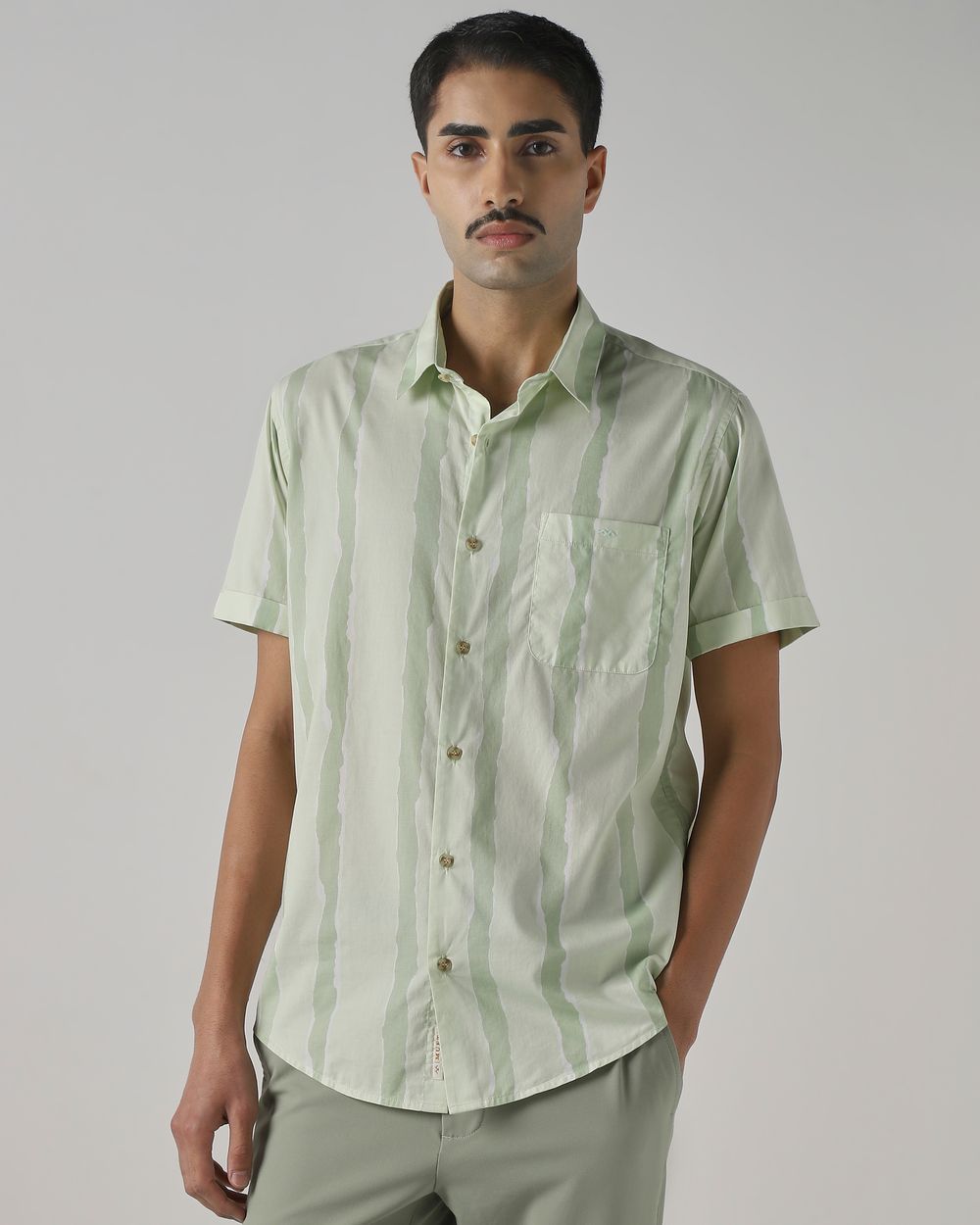 Light Green Painted Stripe Slim Fit Casual Shirt