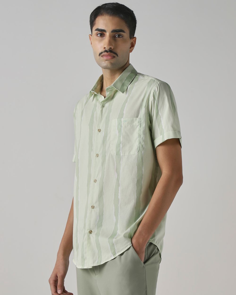 Light Green Painted Stripe Slim Fit Casual Shirt